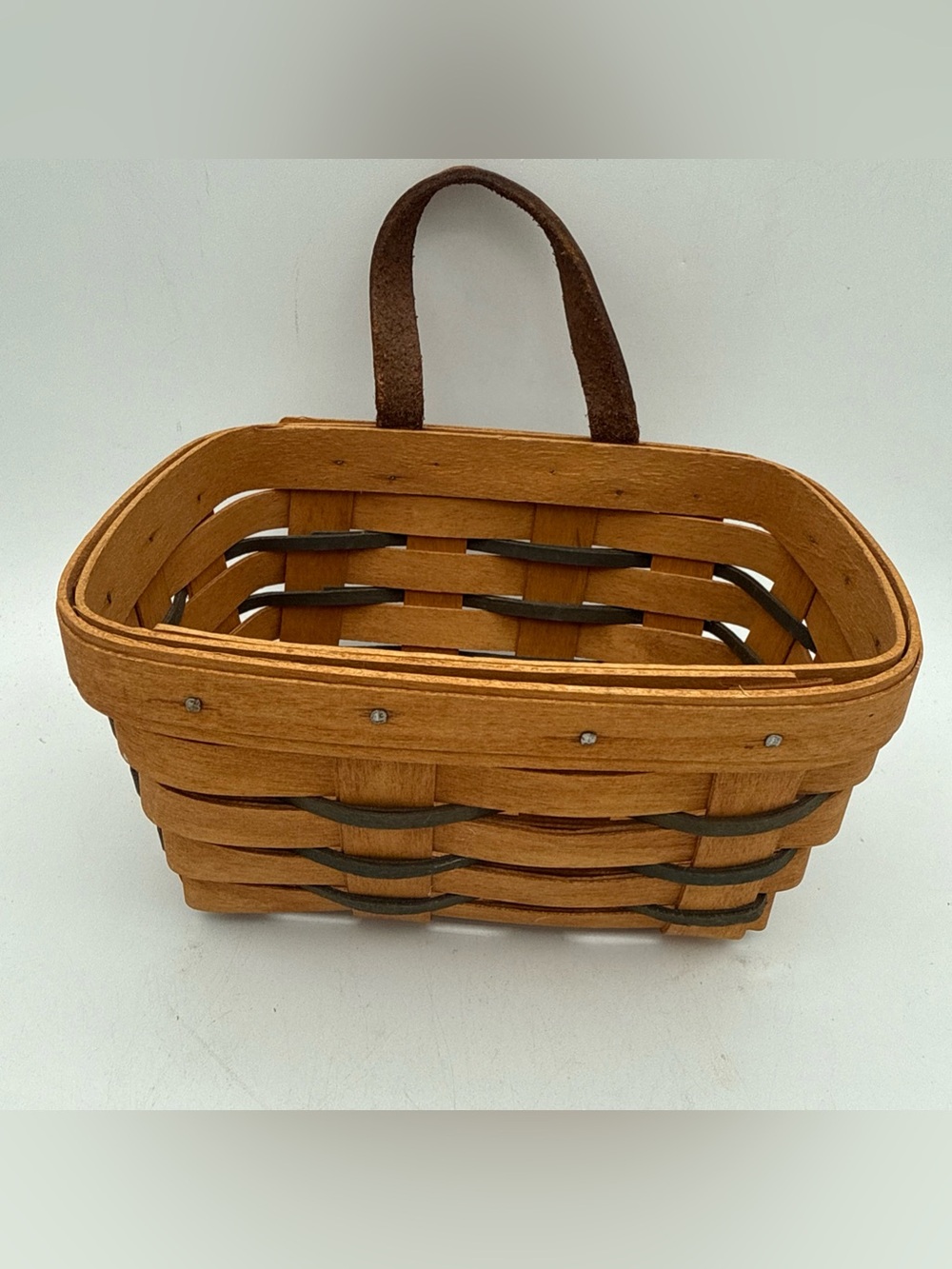 Vintage 1997 Longaberger Small Wall Hanging Key Basket Leather Strap Handle